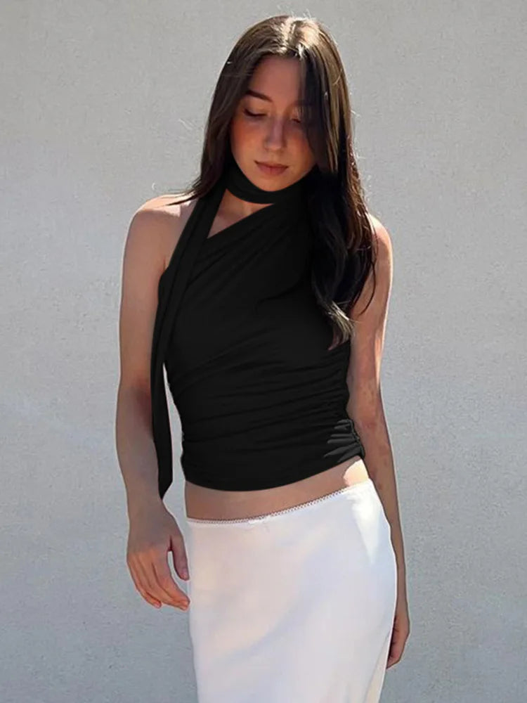 Top Crop Sem Costas Sexy Off Shoulder Halter para Mulheres, Vintage, Sem Mangas, Roupas Y2K para Clubes, Casual Feminino Verão 2024