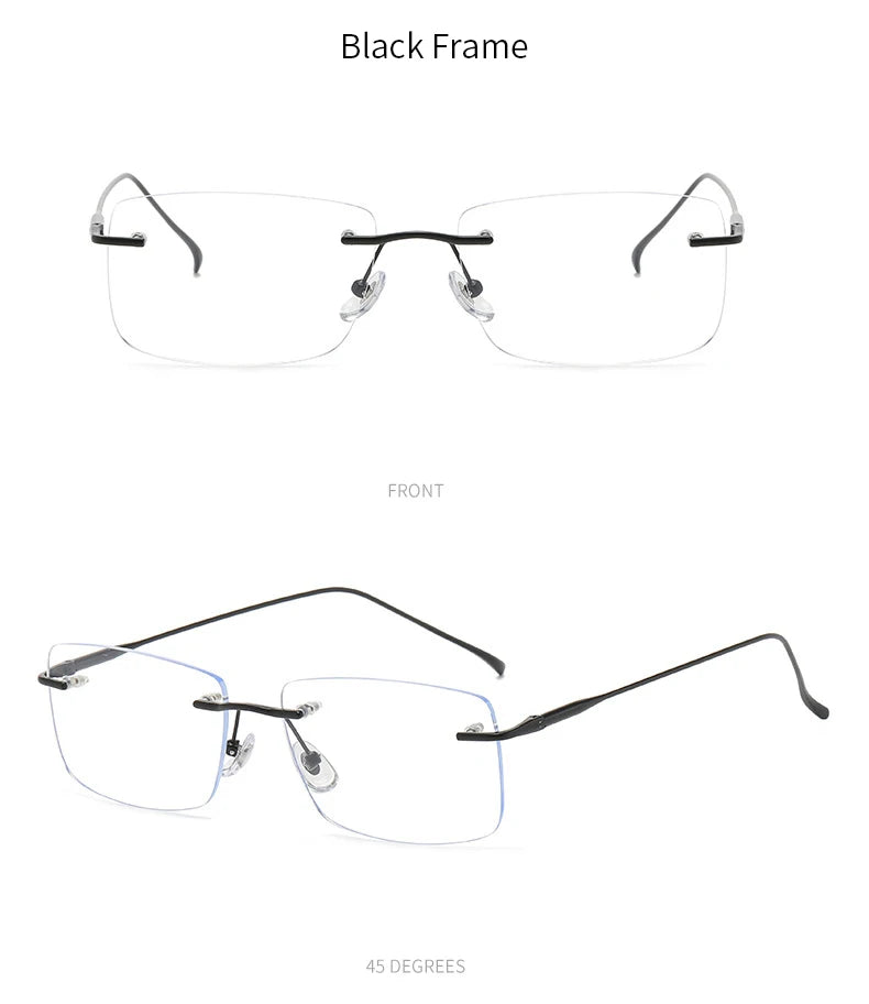 Óculos de leitura sem aro para homens, azul, com proteção contra luz azul, armação de metal, óculos de computador, lentes ópticas CR39 com receita.