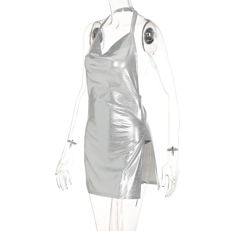 Vestido curto elegante e sexy para mulheres, com decote em V, costas nuas e detalhes de lantejoulas, perfeito para festas e dança.