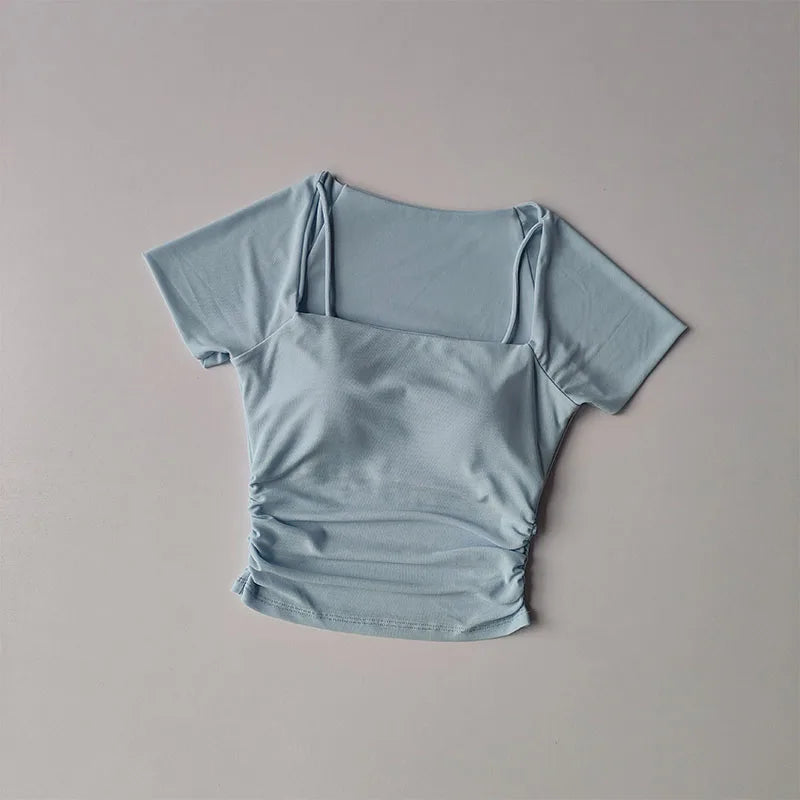 Vestido de Yoga Fake de Duas Peças de Verão com Almofada de Peito Fixa para Esportes, Manga Curta, Usando Top de Corrida e Fitness