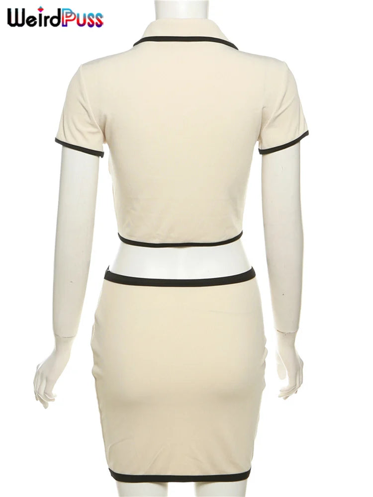Conjunto 2 Peças de Mulheres com Gola Polo, Botões, Cropped e Mini Saias combinando, Roupas Elegantes e Estilosas para Rua