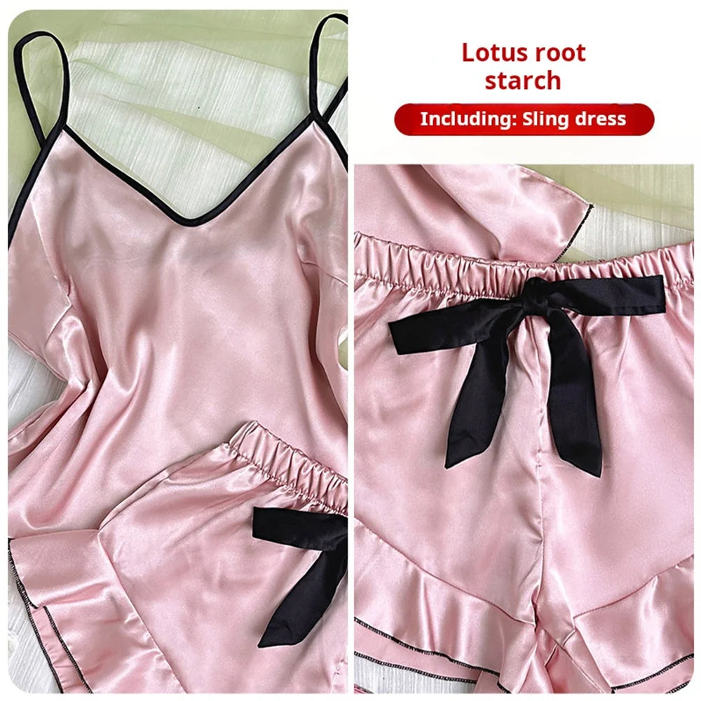 Pijamas femininos de satin lisos com camiseta em V, bordas com babados e shorts com laço. Conjunto de pijamas simples e respirável para casa.