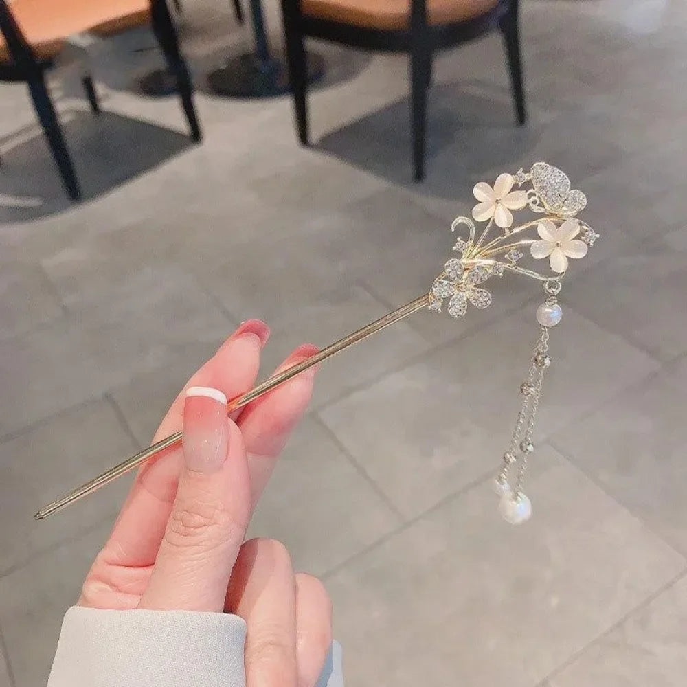Pinhão de cabelo estilo chinês com hastes de metal, estilo antigo, com franja de orquídea, flor, tassel e acessórios para cabelo feminino.