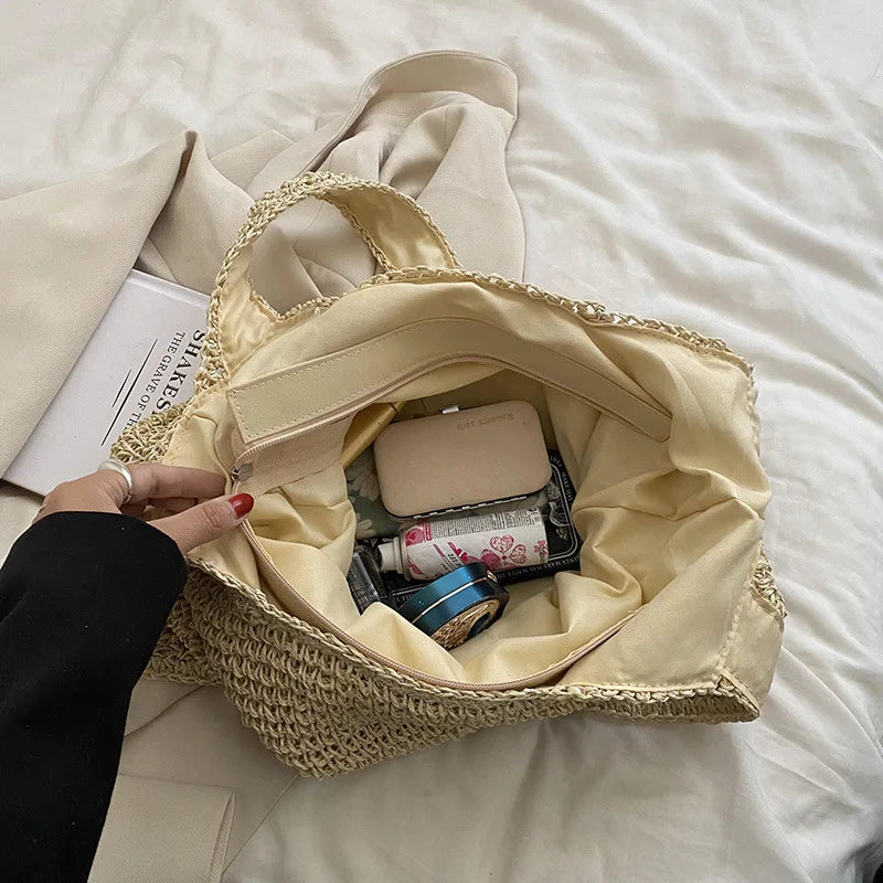 Women Beach Vintage Handmade Woven Shoulder Bag Raffia Rattan Shopping Bags Bohemian Ladies Summer Travel Vacation Casual Totes