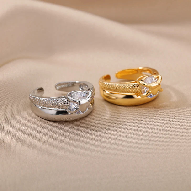 Anéis Abertos de Coração de Zircônia para Mulheres Amantes Cor Dourada em Aço Inoxidável Anel de Noivado de Casamento Joia para o Dedo Feminino Presente 2024 Novo