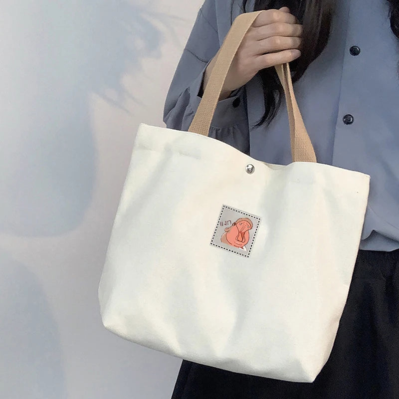 Moo Deng Fashion Canvas Women's Handbag Cute Travel Picnic Food Bag Lunch Bag