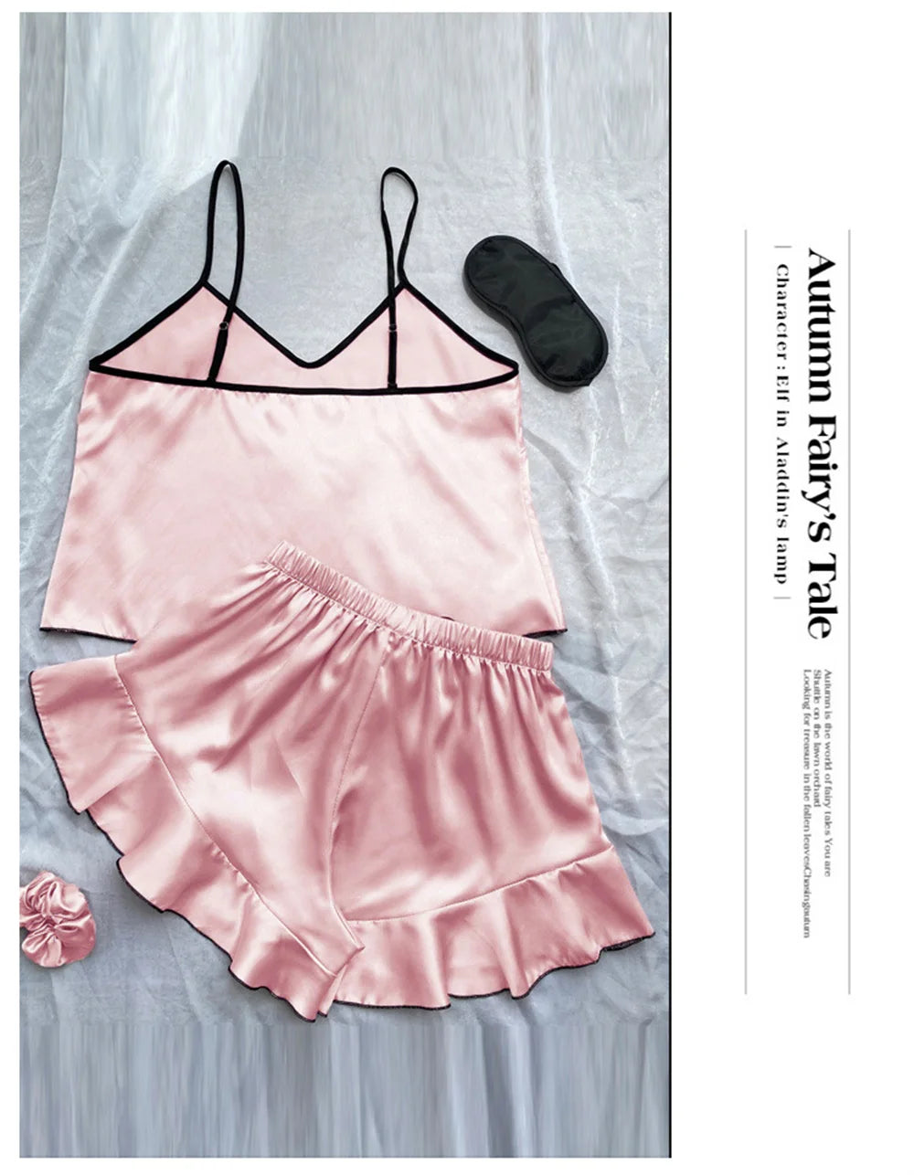 Pijamas femininos de satin lisos com camiseta em V, bordas com babados e shorts com laço. Conjunto de pijamas simples e respirável para casa.