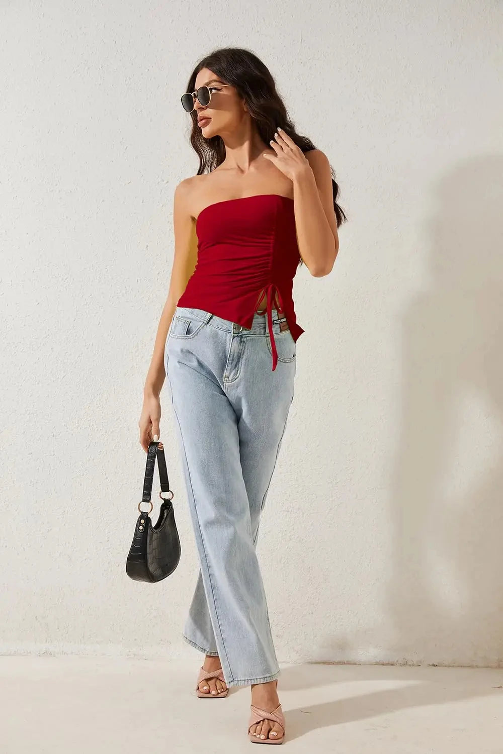 Top feminino sexy vermelho de Dia dos Namorados com decote assimétrico, manga única, fenda jovem e estilo ins, ajustável na cintura.