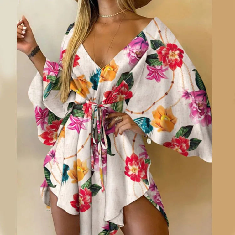 Vestido Estampado Feminino Sexy Com Decote em V, Manga Bat, Renda e Estampa de Flores, Vestido Boêmio de Praia, Vestido Mini Solto para Verão e Férias