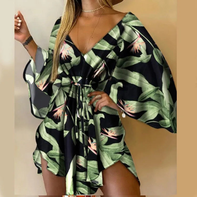 Vestido Estampado Feminino Sexy Com Decote em V, Manga Bat, Renda e Estampa de Flores, Vestido Boêmio de Praia, Vestido Mini Solto para Verão e Férias