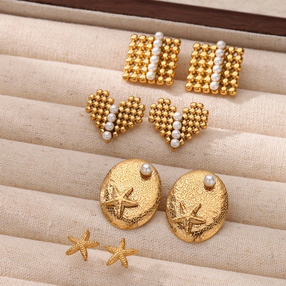 Brincos de Coração em Pérolas Douradas para Mulheres, Brincos Geométricos Quadrados em Aço Inoxidável, Joias de Casamento e Piercing da Moda para o Natal