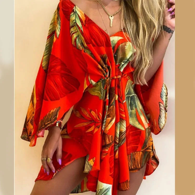 Vestido Estampado Feminino Sexy Com Decote em V, Manga Bat, Renda e Estampa de Flores, Vestido Boêmio de Praia, Vestido Mini Solto para Verão e Férias