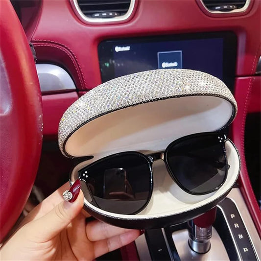 Estojo de Óculos de Luxo com Glitter de Diamante, Caixa para Óculos de Sol com Strass Brilhante, Organizador de Mesa de Cristal e Container de Armazenagem