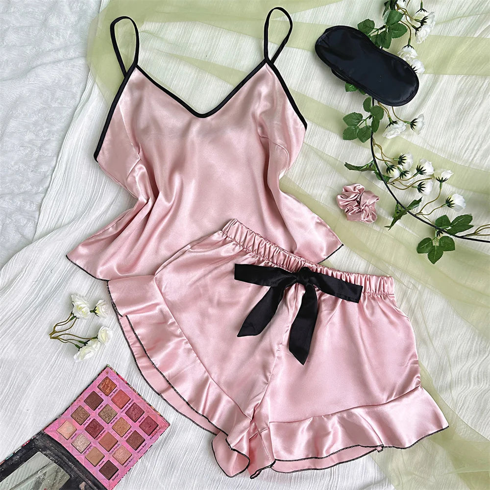 Pijamas femininos de satin lisos com camiseta em V, bordas com babados e shorts com laço. Conjunto de pijamas simples e respirável para casa.