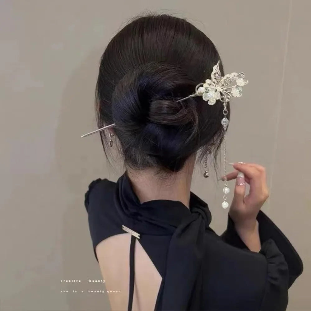 Pinhão de cabelo estilo chinês com hastes de metal, estilo antigo, com franja de orquídea, flor, tassel e acessórios para cabelo feminino.