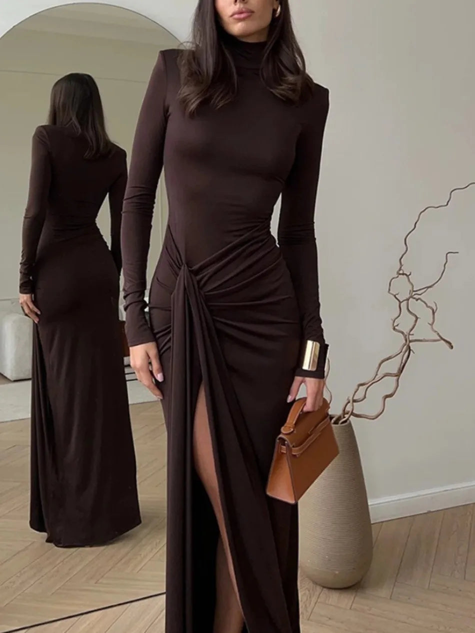 Vestidos Femininos Moda Outono e Inverno Vestido Sólido de Cor com Gola Alta, Manga Longa e Cinto na Cintura, Longo para Festas