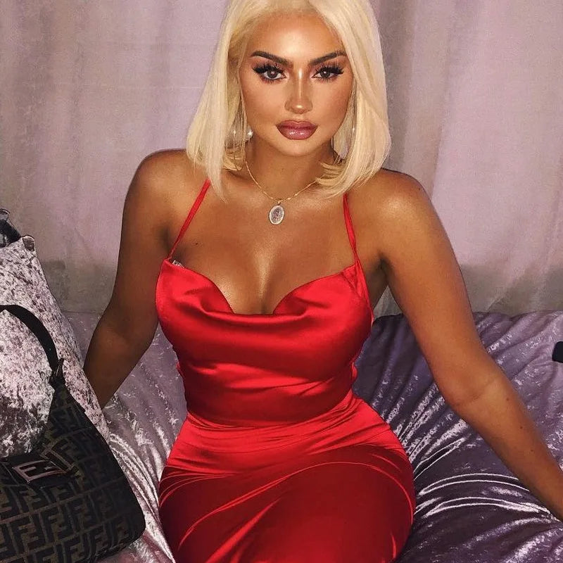 Vestido Midi Longo de Renda Cetim Neon Rosa Claro com Amarração nas Costas, Elegante, Sexy para Festas e Clubes, Roupas de Jantar de Verão 2022