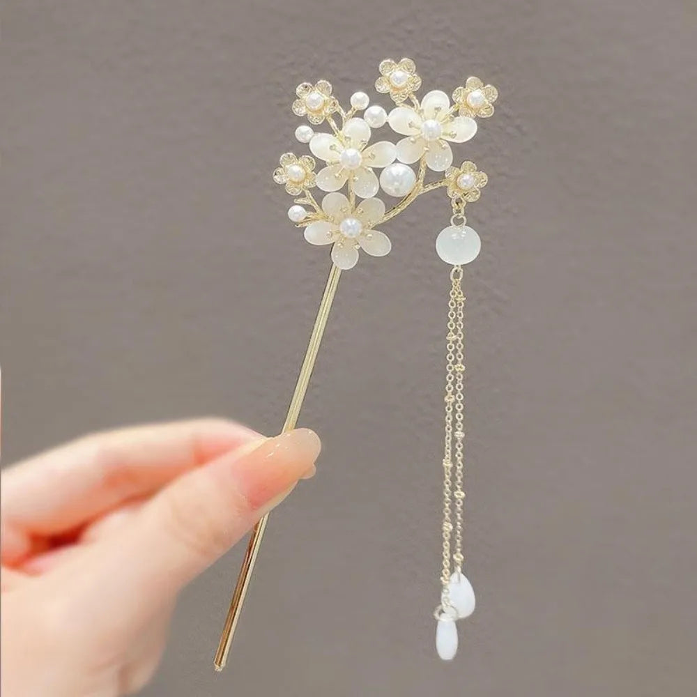 Pinhão de cabelo estilo chinês com hastes de metal, estilo antigo, com franja de orquídea, flor, tassel e acessórios para cabelo feminino.