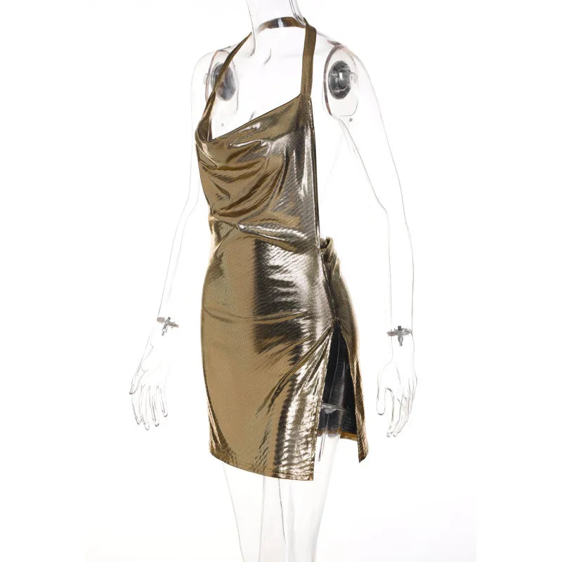 Vestido curto elegante e sexy para mulheres, com decote em V, costas nuas e detalhes de lantejoulas, perfeito para festas e dança.