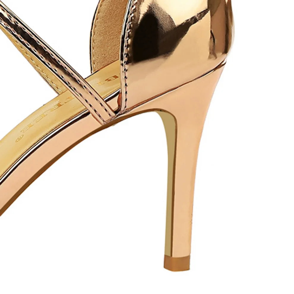 Sandálias gladiadoras femininas com salto alto de 8cm e 11cm, rasteirinhas de verão, sapatos stiletto de stripper em ouro champanhe.