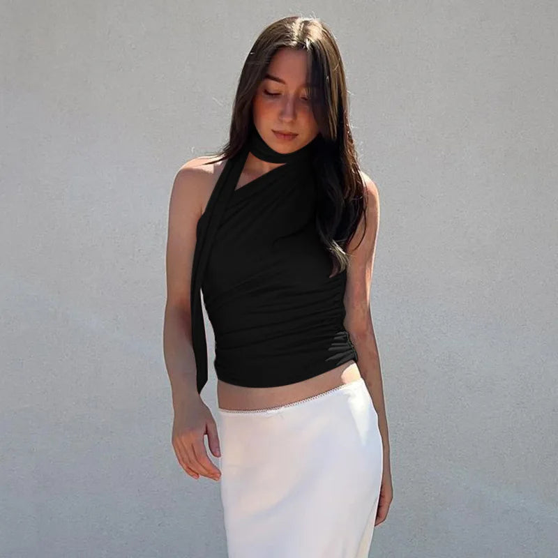Top Crop Sem Costas Sexy Off Shoulder Halter para Mulheres, Vintage, Sem Mangas, Roupas Y2K para Clubes, Casual Feminino Verão 2024