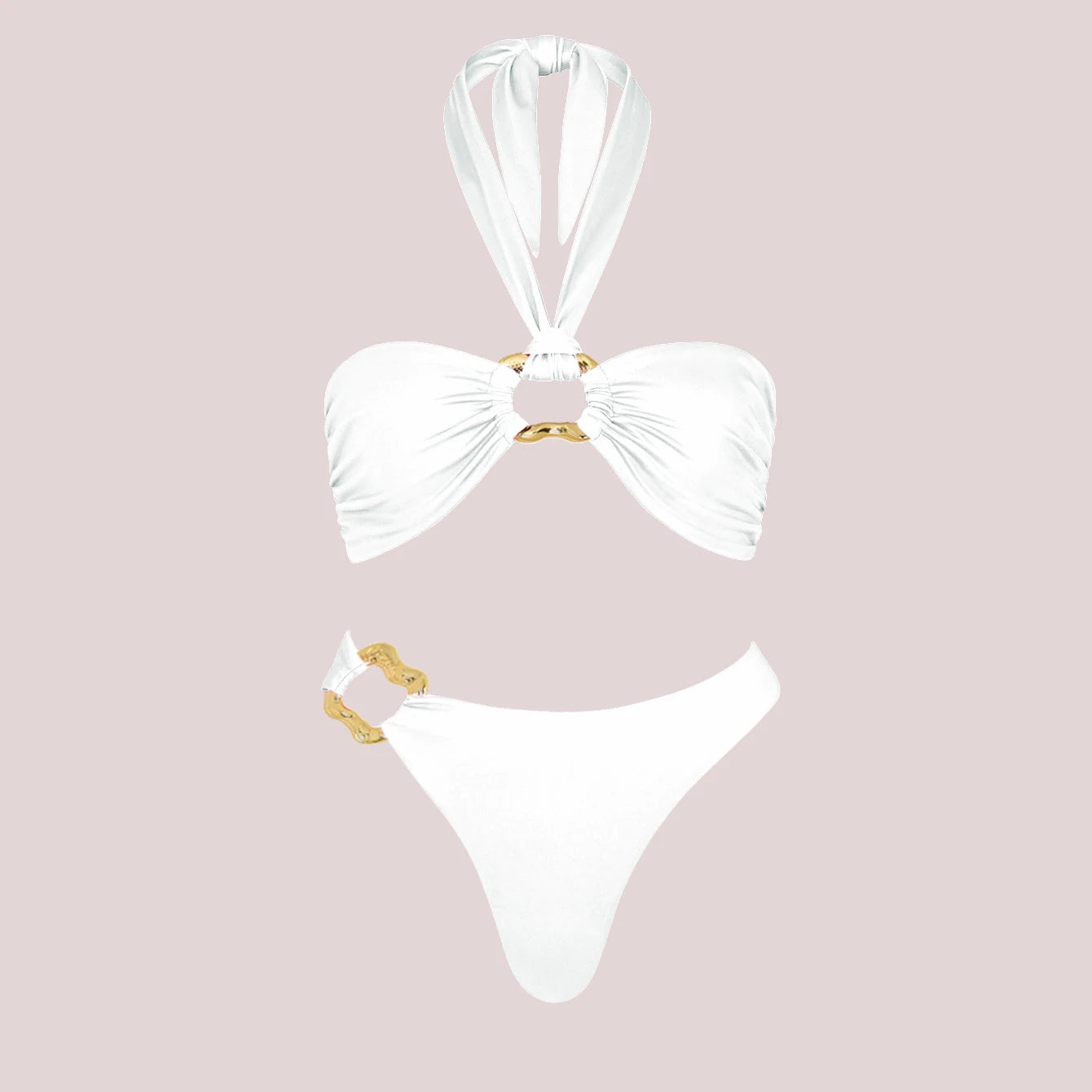 Conjunto de Biquíni Sexy com 3 Peças e Capa, Biquíni Branco com Pérolas, Maiô Feminino Halter, Roupa de Banho com Ombros Descidos, Biquíni para Praia