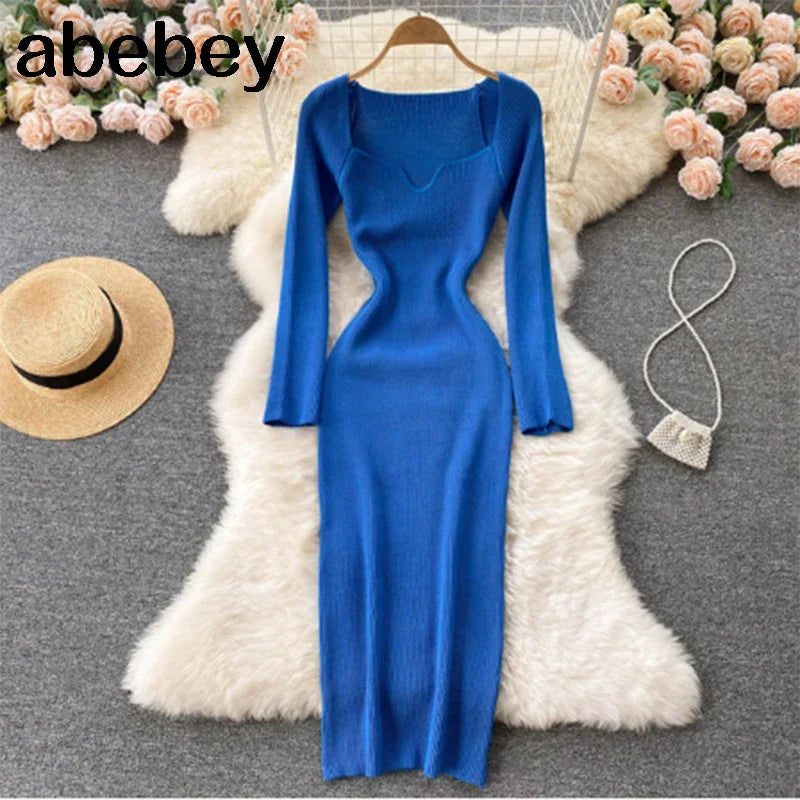 Vestidos para mulheres 2026 vestido justo sem alças em tricô canelado sexy, vestido de suéter midi de manga longa para o inverno