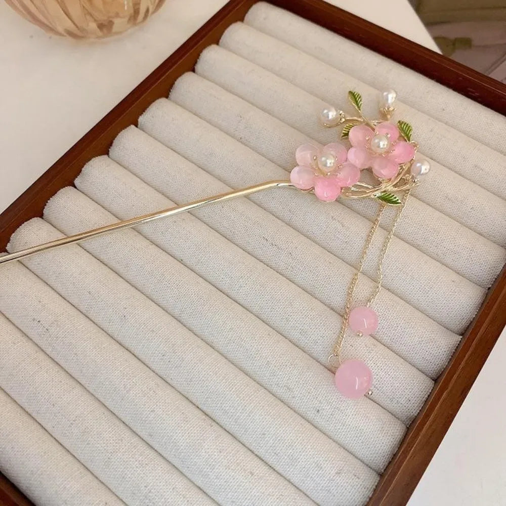 Pinhão de cabelo estilo chinês com hastes de metal, estilo antigo, com franja de orquídea, flor, tassel e acessórios para cabelo feminino.
