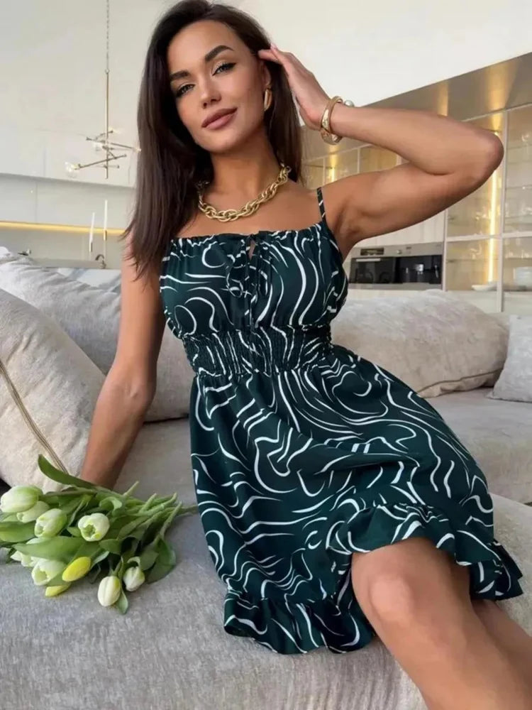 Novo Vestido Feminino de Verão Estampado com Amarração, Vestidos Sem Manga, Vestidos Florais, Vestidos Casuais, Vestidos Elegantes, Roupas Femininas 2025