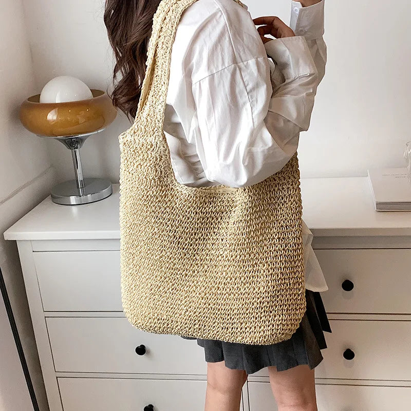 Women Beach Vintage Handmade Woven Shoulder Bag Raffia Rattan Shopping Bags Bohemian Ladies Summer Travel Vacation Casual Totes
