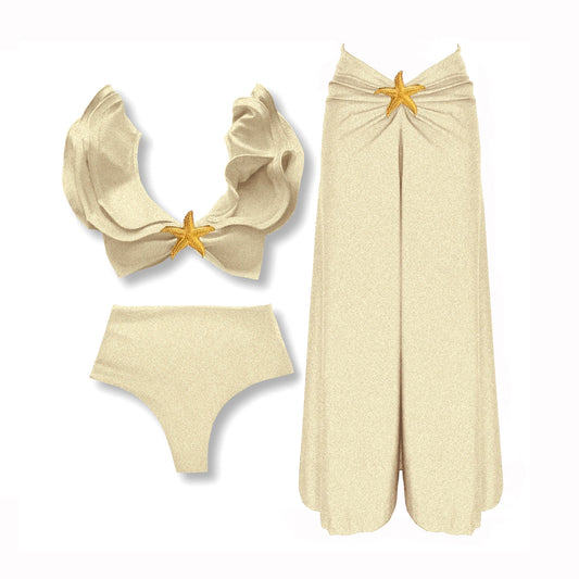 Conjunto de 3 Peças de Biquíni Sexy com Ombros Em Renda Para Mulheres 2025 Traje de Banho Maiô Brilhante Estrela Trajes de Natação Feminino Maiô Praia