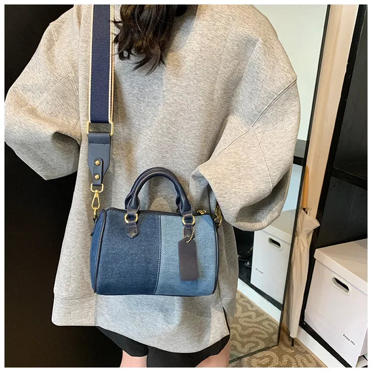 Cross Body Bags Casual Street Small Boston Bag 2025 Designer Purses Patchwork Colorblock Mini Handbags For Women Denim Shoulder