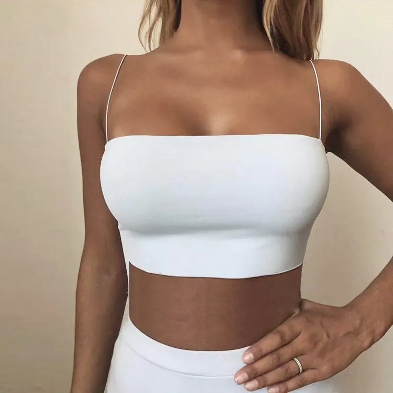 Top Cropped Feminino Sexy Sem Costura 2023 Verão Blusa Branca com Alças Top Camisola Costas de Fora Tecido Sólido