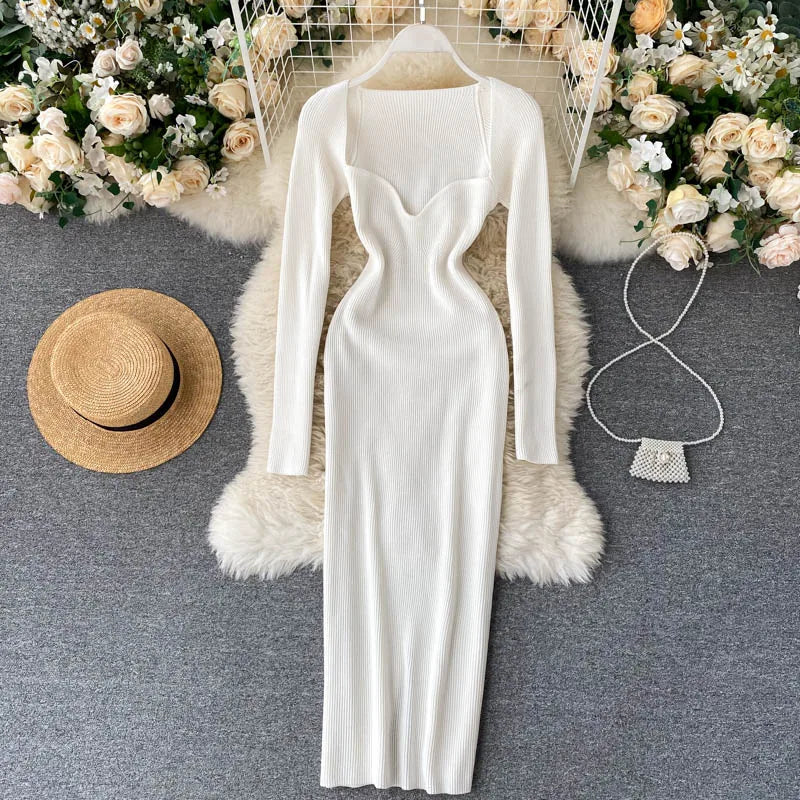 Vestidos para mulheres 2026 vestido justo sem alças em tricô canelado sexy, vestido de suéter midi de manga longa para o inverno
