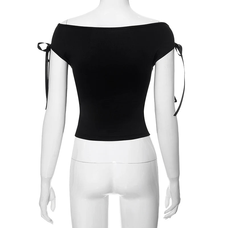 CUTENOVA 2024 Verão Tops Sem Manga Sexy Ombro à Exposição com Cores Sólidas Lace Up T-Shirt Casual Slim Crop Top Preto Manga Curta Feminino