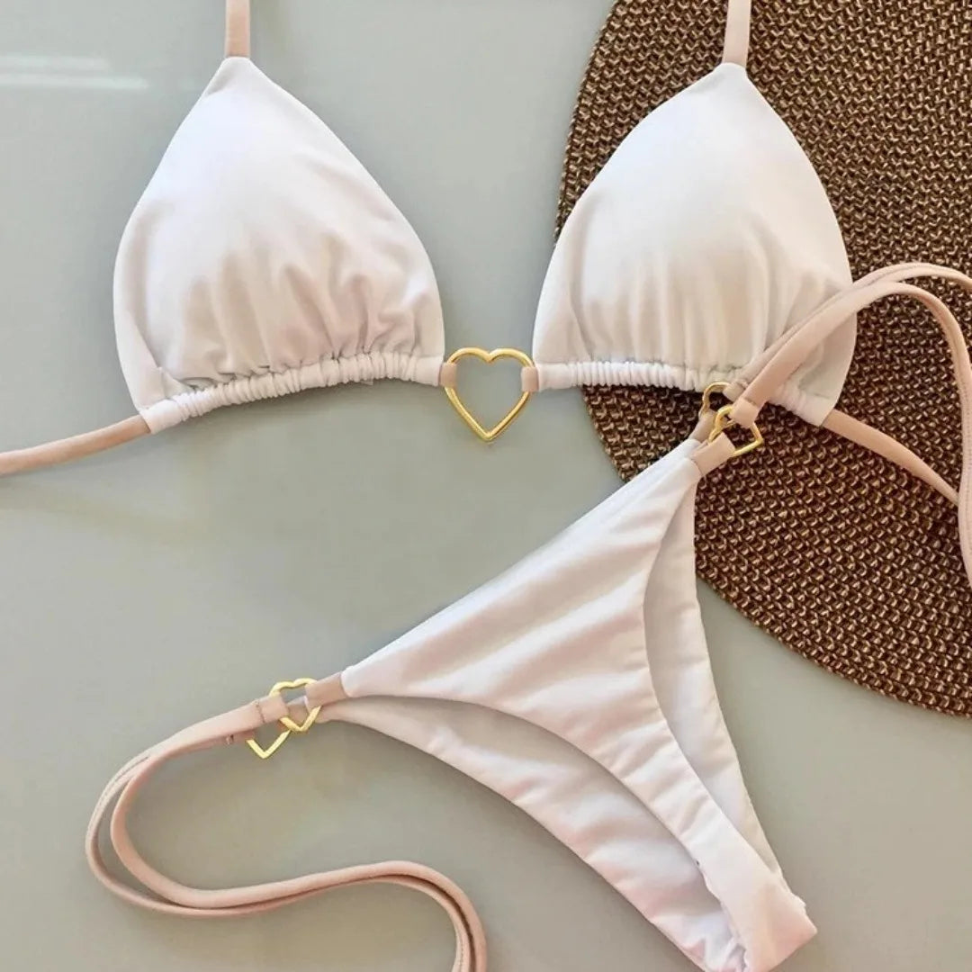Novo Maiô Branco Sólido para Mulheres, Conjunto de Dois Peças com Cintura Baixa e Laço, Moda de Praia
