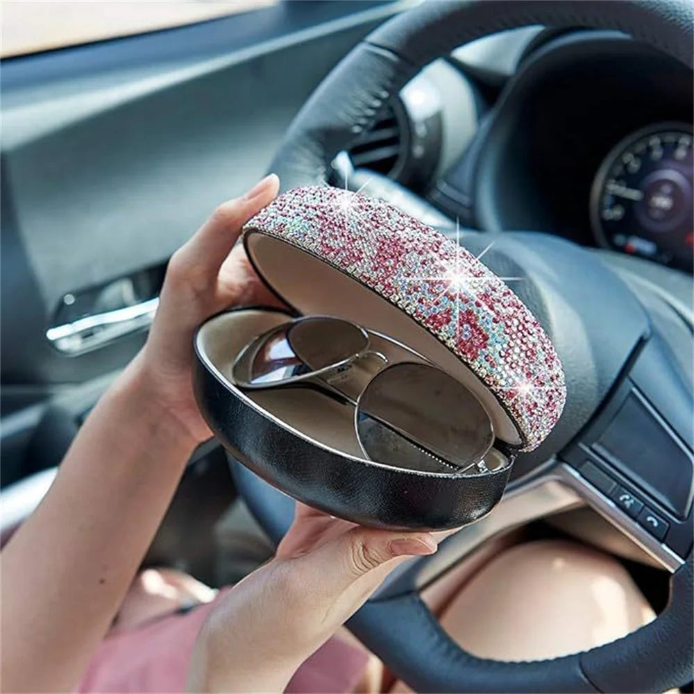 Estojo de Óculos de Luxo com Glitter de Diamante, Caixa para Óculos de Sol com Strass Brilhante, Organizador de Mesa de Cristal e Container de Armazenagem
