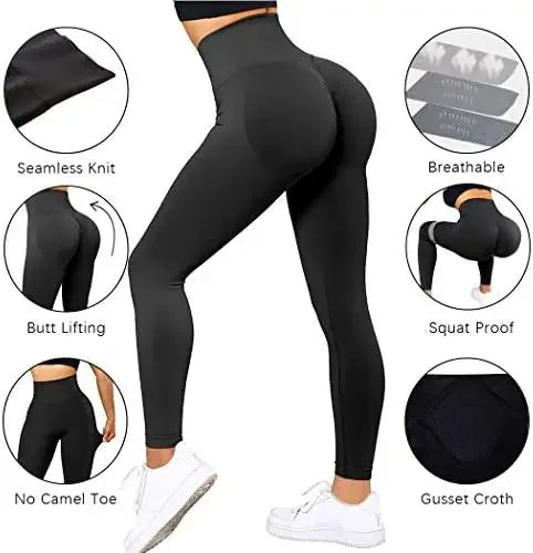 Leggings de Fitness Tricotadas Sem Costura Calças GYM Femininas de Cintura Alta com Efeito Bumbum e Calças de Ioga Justas