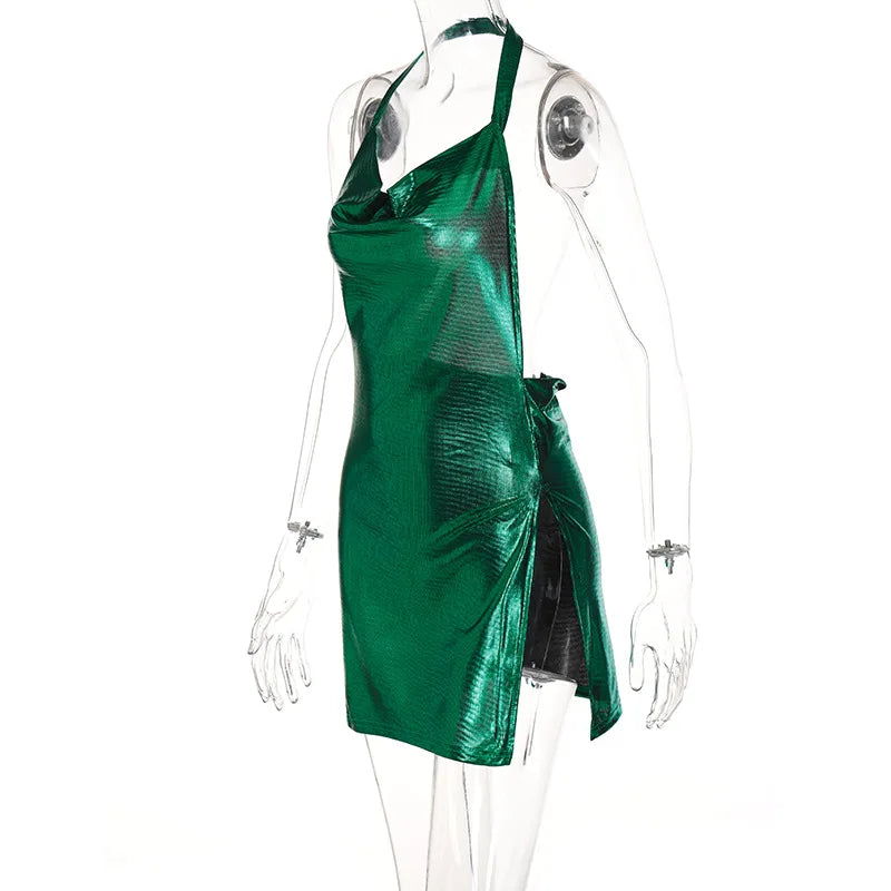 Vestido curto elegante e sexy para mulheres, com decote em V, costas nuas e detalhes de lantejoulas, perfeito para festas e dança.