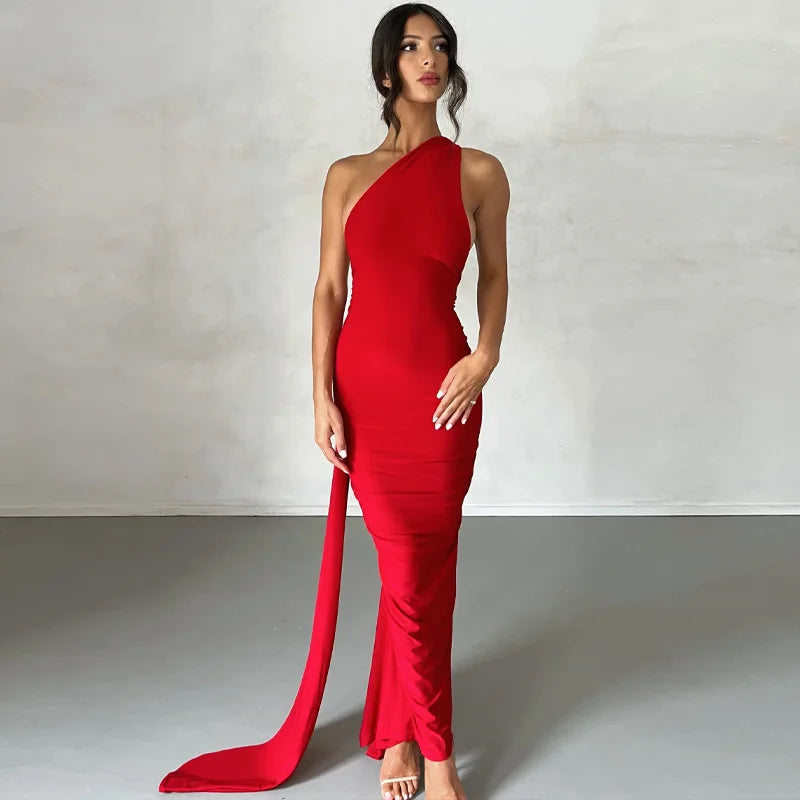 Vestido Longo de Cocktail Elegante Feminino para Festa, Costas Nuas, Abertura Costas, Com Pregas, Justo, Formal para Convidadas de Casamento