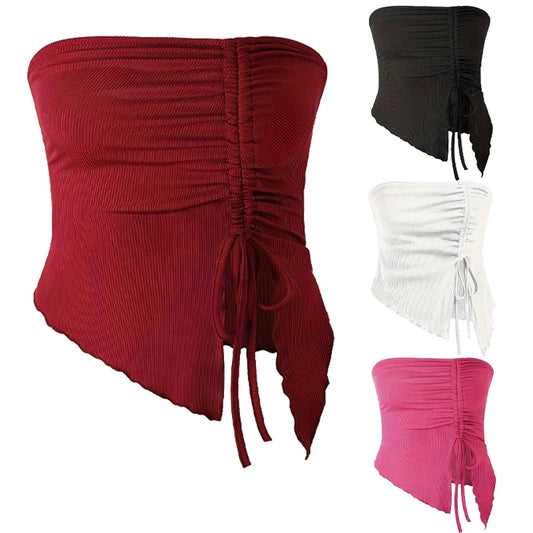 Top feminino sexy vermelho de Dia dos Namorados com decote assimétrico, manga única, fenda jovem e estilo ins, ajustável na cintura.