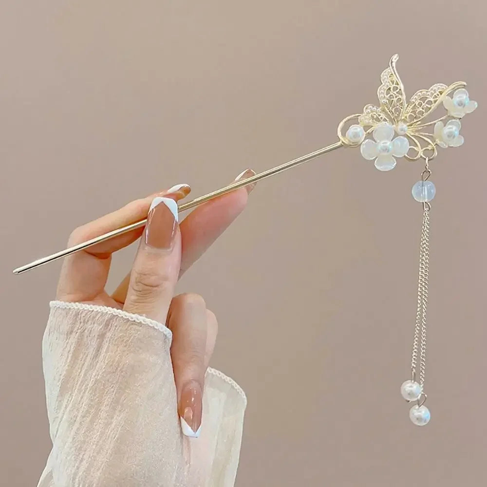 Pinhão de cabelo estilo chinês com hastes de metal, estilo antigo, com franja de orquídea, flor, tassel e acessórios para cabelo feminino.