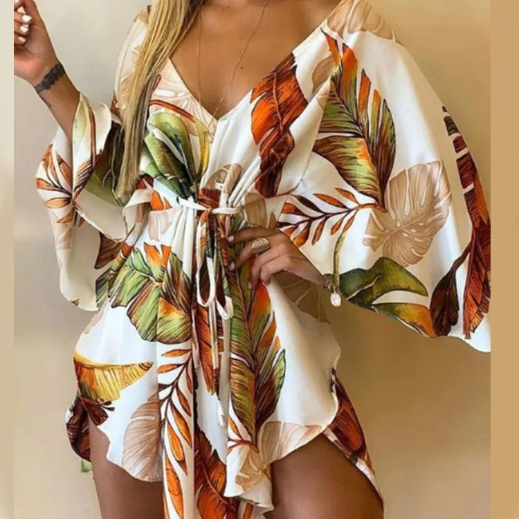 Vestido Estampado Feminino Sexy Com Decote em V, Manga Bat, Renda e Estampa de Flores, Vestido Boêmio de Praia, Vestido Mini Solto para Verão e Férias