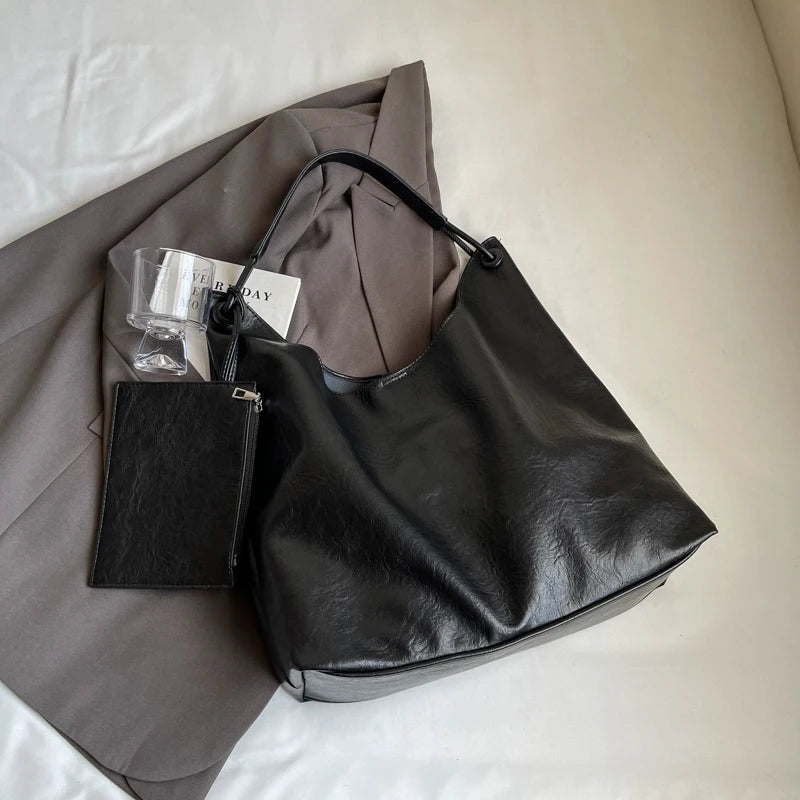 Burgundy 2-IN-1 Shoulder Tote Bags For Women Soft PU Leather Solid Color Large Capacity Shopping Hobo Bag With Coin Purse 2024
