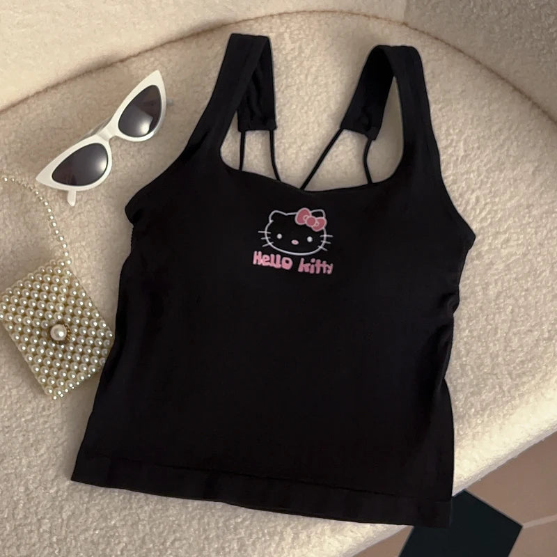 Sanrio HelloKitty Roupas de Moda Y2K Top com Almofada de Seio Top Bonito Para Meninas Verão Top Cropped Branco Sexy Suspensório Presente Para Menina