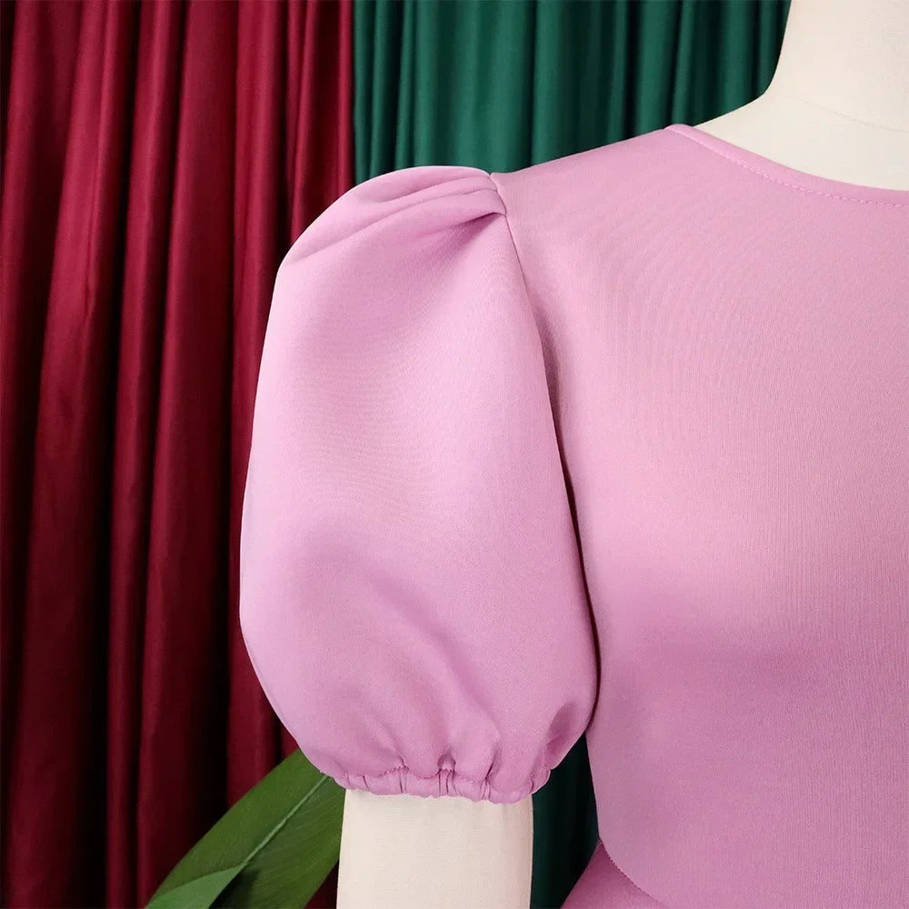 Vestidos Elegantes para Mulher 2024, Decote em O, Manga Curta, Cintura Alta, Pregas, Midi Luxuoso para Festas de Aniversário e Jantares