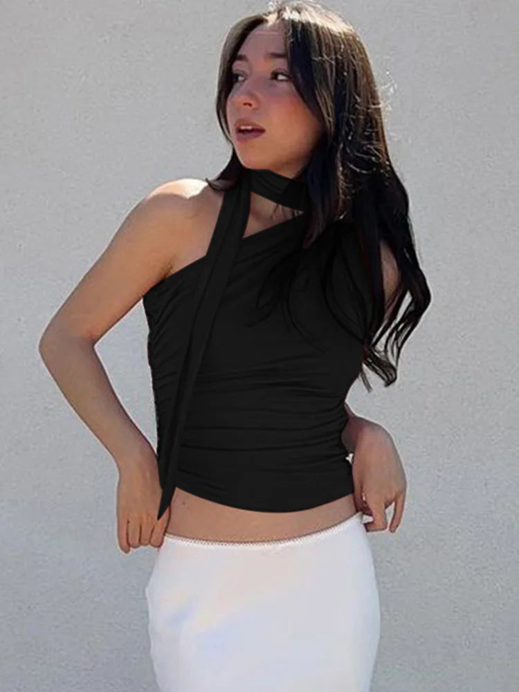 Top Crop Sem Costas Sexy Off Shoulder Halter para Mulheres, Vintage, Sem Mangas, Roupas Y2K para Clubes, Casual Feminino Verão 2024