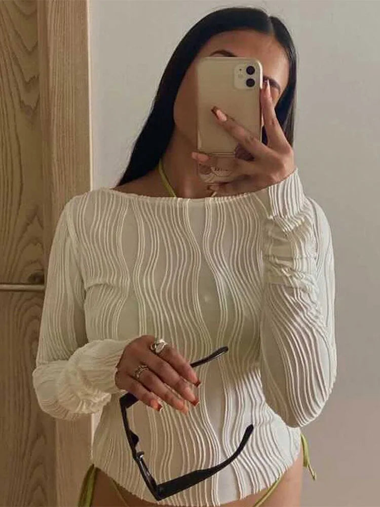 Blusa Casual Feminina em T-shirt de Manga Longa com Ruched, Branca, Justa, Cropped, Camisa de Base 2024 Outono Y2K Roupas