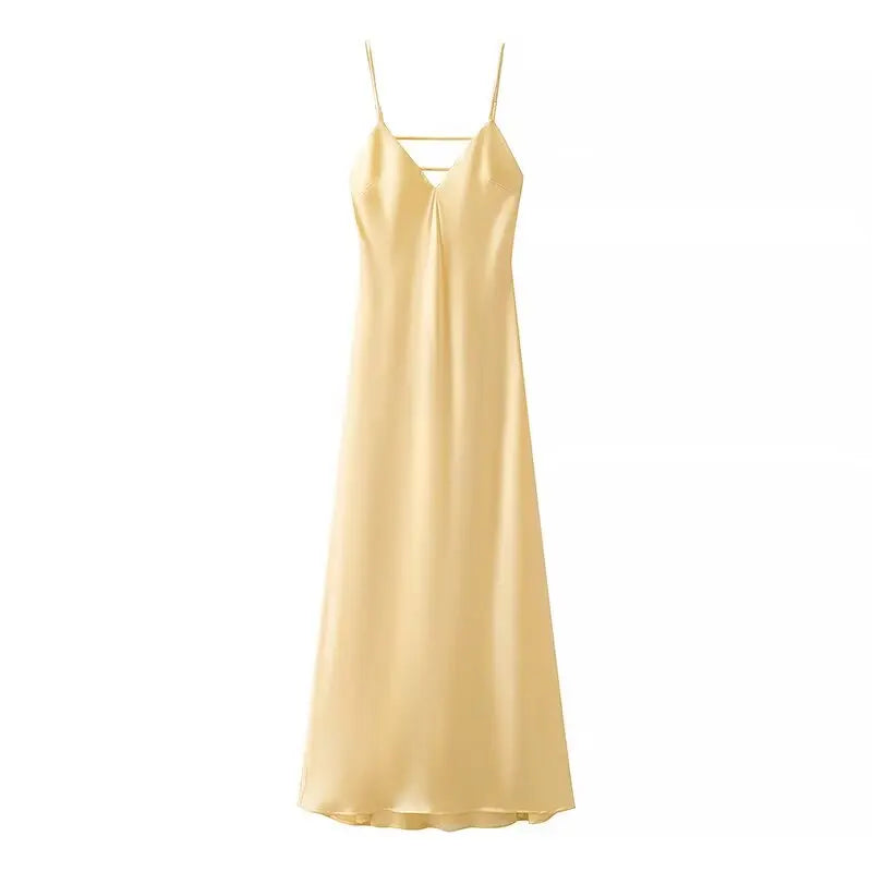 Vestido Longo Elegante Sem Mangas TRAFZA Feminino de Verão Amarelo Manchado com Decote em V para Festa e Férias 2025