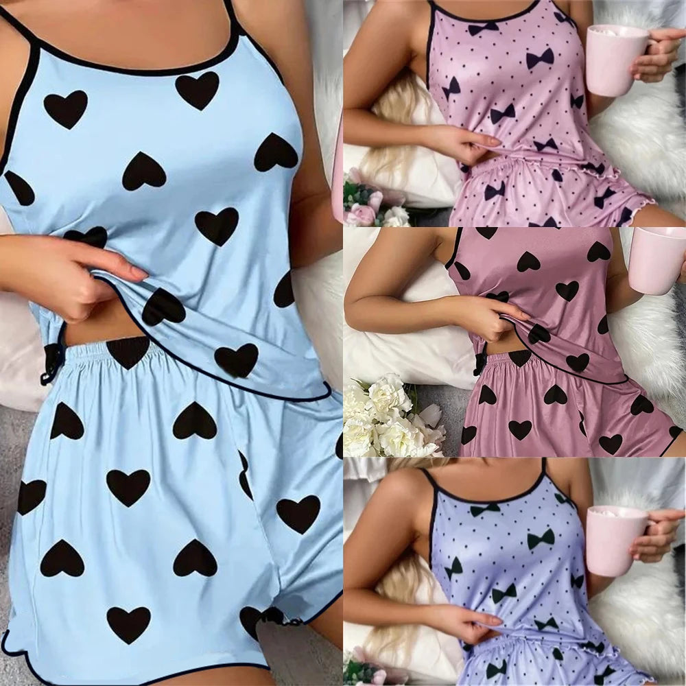 Conjunto de Pijamas Femininos Camisetas Shorts Impressão em Forma de Coração T-Shirt de Decote Redondo Top de Seda Gelada Confortável Casual de Verão